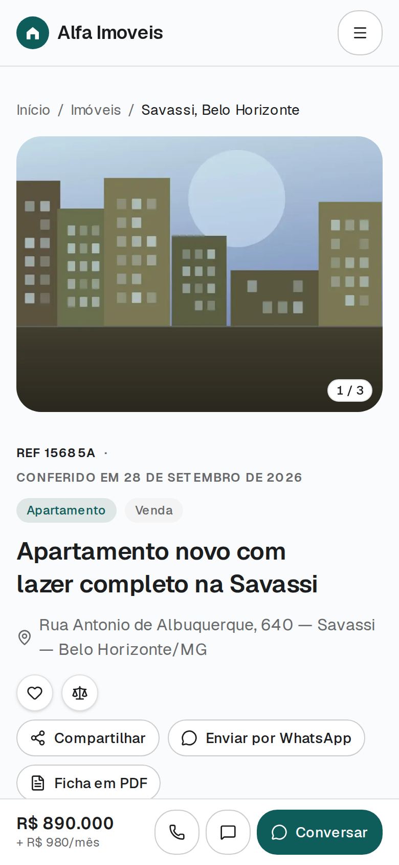 Página de imóvel no celular com botões de contato